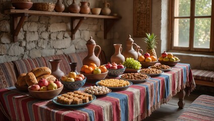 Traditional Navruz holiday table with fruits, homemade pastries and clay dishes on wooden table with striped cloth, symbolizing spring celebration, hospitality and cultural traditions