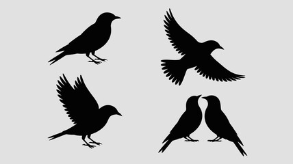 Obraz premium a collection of black bird silhouettes displays various poses including standing flying and facing each other against a plain light gray background high quality professional detailed
