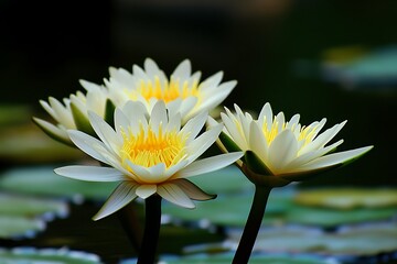 Three white water lilies blooming in pond high resolution image