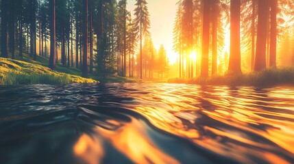Sunlight through forest trees on flowing river water high resolution image