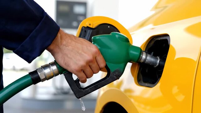 Refueling a Yellow Car at Gas Station - A man is shown refueling a yellow car at a gas station. The green gas pump is connected to the car's fuel tank.