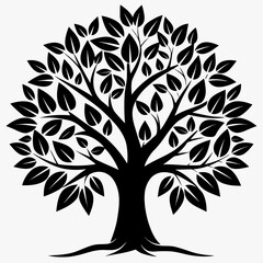 Obraz premium Tree silhouette with leaves in black and white graphic style on white background for nature and growth themes