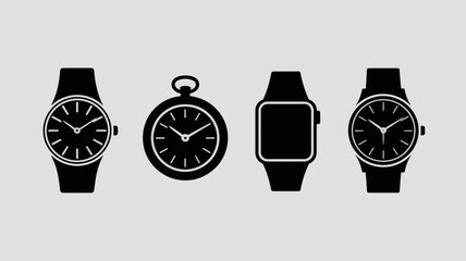 a collection of diverse timekeeping devices is displayed in a minimalist black silhouette style against a light gray background showcasing watch evolution high quality professional detailed
