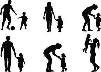 Silhouettes of parents and children in playful, caring, and affectionate poses, holding hands, walking, hugging, lifting, and interacting together