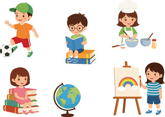 Kids Learning and Playing Activities Illustration Set with Reading, Cooking, Painting, Sports, and Education Elements for Childhood Designs