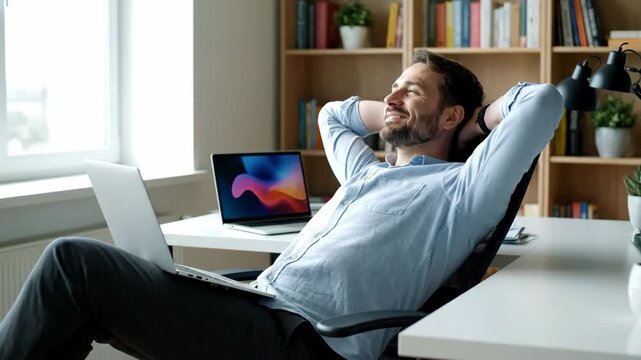 Relaxed Businessman Taking a Break - A bearded man in a blue shirt leans back in his office chair with his hands behind his head and eyes closed.