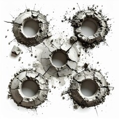 Overhead View of Five Gray Concrete Rings on White Background with Cracks