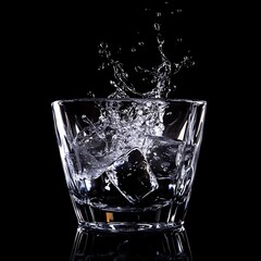 Refreshing water splash with ice in clear glass black high resolution image