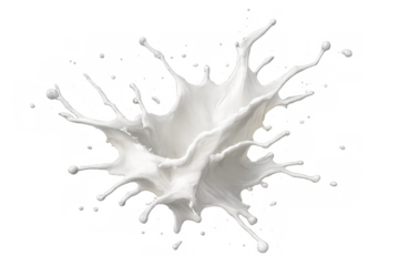 Dynamic white milk liquid splash forming crown shape with drops, splashing fresh dairy product