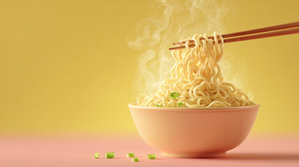 Ramen noodle bowl steam chopstick soup hot lunch dinner food ramen noodle bowl steam chopstick soup hot lunch dinner comfort meal pastel background with rising vapor and fresh garnish creating