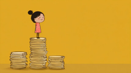 Cartoon girl coin stack, happy child wealth, money savings success, financial growth concept, yellow background illustration, cute character standing confident and proud