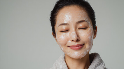 Asian woman female face skincare beauty foam cream happiness smile relaxation facial skincare routine gentle foam cream mask Asian woman face closed eye smile calm mood clean fresh skin home self