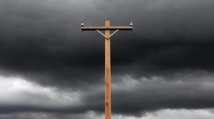 Rustic faith monument, Aged wooden cross stands solitary against turbulent sky backdrop