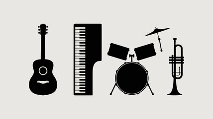 a minimalist representation showcases a guitar piano keys drum set comb and trumpet in black silhouettes against a pale background high quality professional detailed modern elegant © MdRafiqul