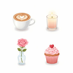 Valentine date clipart set romantic coffee cupcake rose and candle isolated
