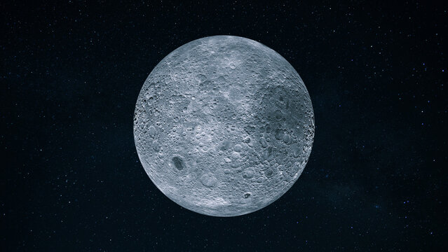 high-resolution view of the Moon&rsquo;s cratered surface against a dark, starry cosmos. detailed highlights lunar topography, impact craters, lunar landscape. Far Side of Moon