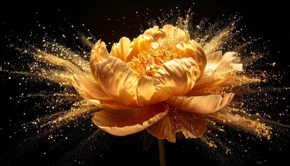 Golden Petal Flower with Particles on Black Background