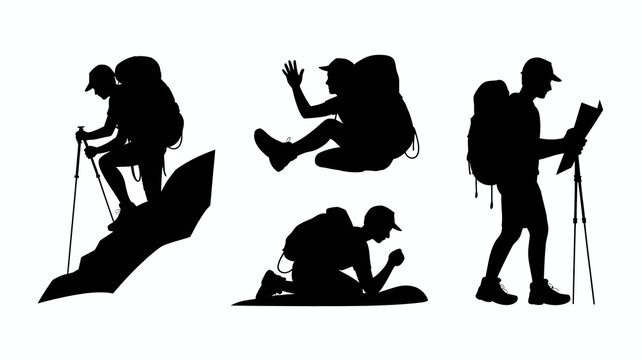 a collection of silhouettes depicting various hiking poses including climbing resting and navigating with maps and trekking poles high quality professional detailed modern elegant stylish clean
