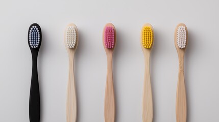 Eco bamboo brushes, Minimalist display of ecofriendly bamboo toothbrushes with soft pastel hues