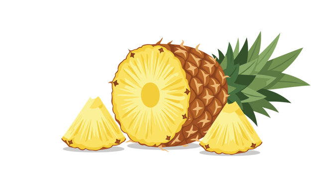 Tropical pineapple fruit shown whole and in half slices revealing the yellow textured interior and green leafy top.