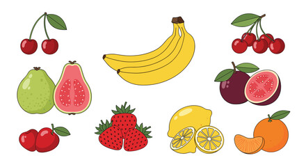 Wide variety of fresh fruits including bananas, strawberries, oranges, lemons, cherries, apples, and guavas in a colorful set.