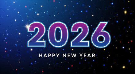 An image celebrating the New Year 2026. The primary focus is the large, central text 2026 written in a gradient color scheme