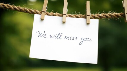 We Will Miss You Message - A white card with the handwritten message "We will miss you" hangs from a brown rope using wooden clothespins. The background is a blurred green foliage.