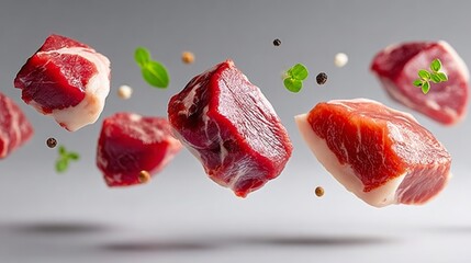 Fresh cuts of raw meat floating in mid-air, surrounded by colorful spices and herbs, showcasing culinary ingredients for gourmet cooking and food presentation