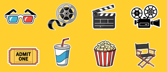 cinema sticker collection with film reel, popcorn, and camera symbols vector icon set 