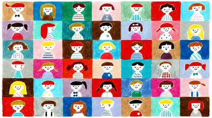 Cute hand-drawn grid of children portraits in colorful clothes with various hairstyles and expressions, representing diversity,school,friends,early education