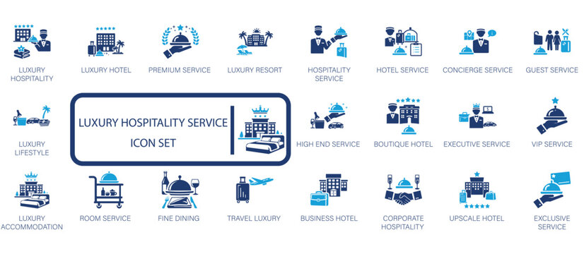 Luxury hospitality service icon set featuring premium hotel, boutique resort, fine dining, concierge service, VIP guest treatment, and high-end accommodation symbols.