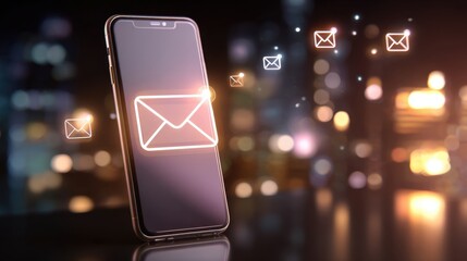 A glowing smartphone displays digital messages and icons with a futuristic interface