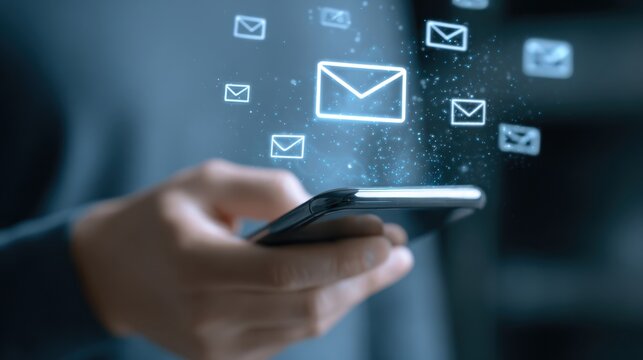 Hand holding smartphone with glowing email icons and digital particles emanating from screen - Powered by Adobe