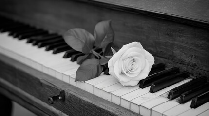 Gentle white flower on aged piano keys, Still life capturing white rose on vintage piano keys