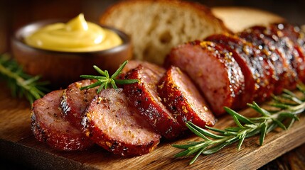Close Up Traditional Style Grilled Sausage Slices with Bread and Mustard