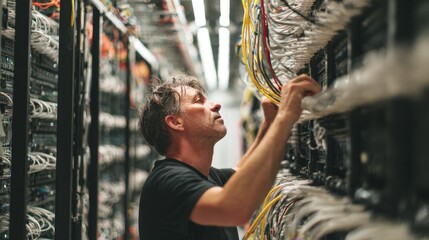 Man in server room working with network cables and equipment technology