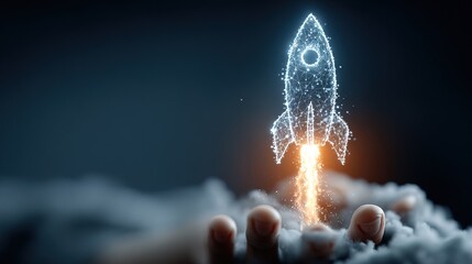 Abstract Low Polygon Rocket Launch on Hand Concept Futuristic Illustration