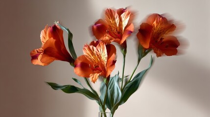 Vibrant orange flowers with delicate petals and lush green leaves, elegantly arranged in a glass vase, showcasing natural beauty and floral artistry in a soft-lit setting