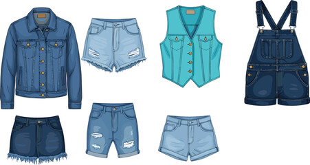 Denim clothing collection vector illustration with jacket shorts vest and overalls isolated on white background for fashion and apparel design