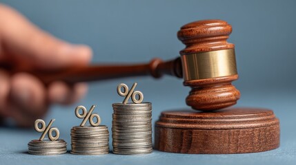 Conceptual Macro Shot Stacked Coin Percentage and Gavel Finance Illustration