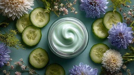 Clean Minimalist Still Life of Cucumber and Cream Cosmetic Jar