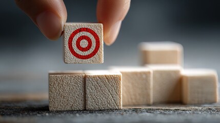 Conceptual Close-Up Shot of Wooden Blocks with Target and Hand Placement