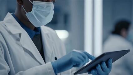 Doctor using digital tablet with medical interface in laboratory, representing healthcare technology, digital diagnostics, data analysis, and smart medical innovation. - Powered by Adobe