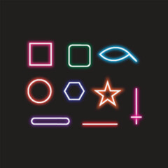 Obraz premium Vibrant Neon Glowing Geometric Shapes Set on Dark Background - Collection of Retro Futuristic Icons including Star, Circle, Square, and Symbols