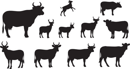 Fototapeta premium Black silhouettes of various cattle and goats in different poses and sizes animals
