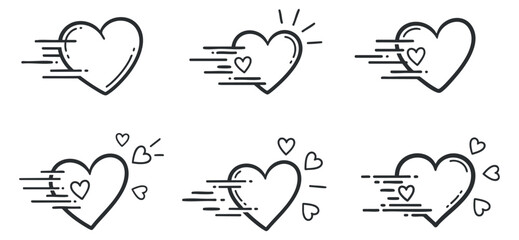 A collection of six heart icons in minimal outline vector style, depicting motion and speed, ideal for romantic themes and designs