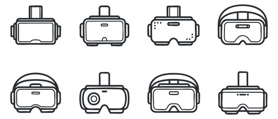 A set of virtual reality headsets in clean outline vector style, suitable for technology and gaming projects