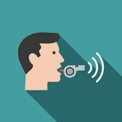 Man blowing a whistle emitting sound waves.