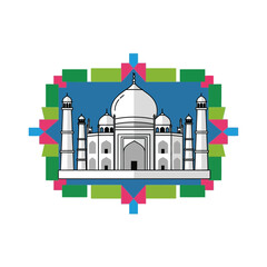 White marble mausoleum with minarets framed by colorful geometric pattern.