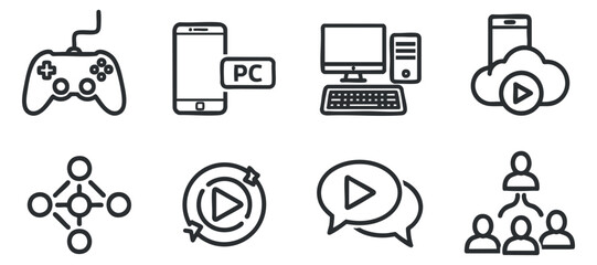 A collection of gaming and technology icons featuring a controller, computer, smartphone, and cloud in minimalist outline vector style, ideal for digital media projects